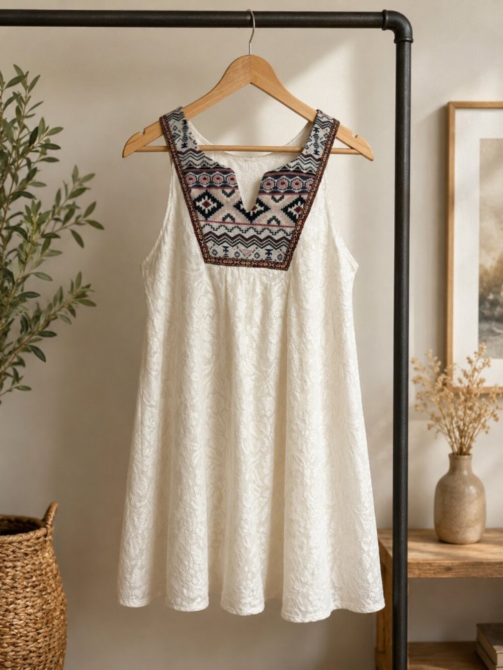 FLYING TOMATO Boho Embroidered Ivory Lace Swing Dress - Picture 2 of 4